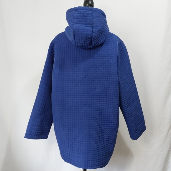 Woman Within Blue Dark Hooded Zip Up Drawstring Checkered 3/4 Sleeve Jacket M - Picture 9 of 12